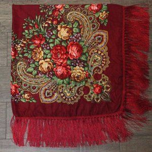 Ethnic Folk Russian Wool Shawl Slavic Floral Scarf